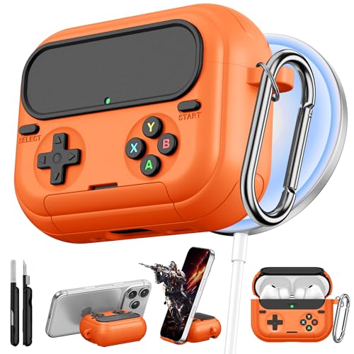 Getino Retro Game Case for AirPods Pro 3 | Game Console Design Protective Cover with Foldable Stand, Secure Lock Anti-Drop Shockproof PC+TPU Case, Keychain & Cleaning Kit for Men & Boys, Orange - color: Orange