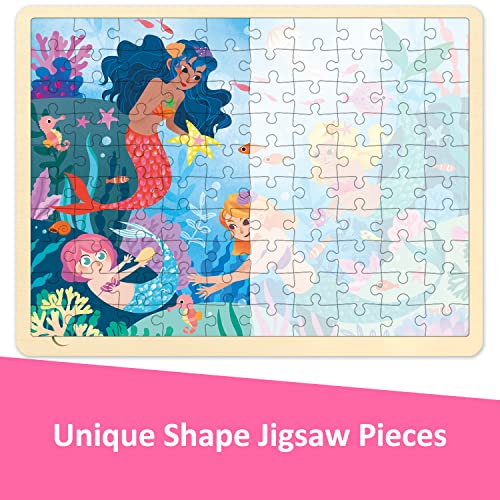 100 Piece Puzzles for Kids Ages 4-8, Wooden Puzzles for Kids Ages 3-5 with Unique Puzzle Pieces, Jigsaw Toddler Puzzle with Storage Tray Fun Mermaid - style: 100 Piece