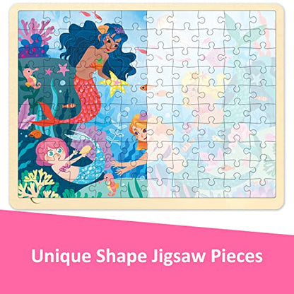 100 Piece Puzzles for Kids Ages 4-8, Wooden Puzzles for Kids Ages 3-5 with Unique Puzzle Pieces, Jigsaw Toddler Puzzle with Storage Tray Fun Mermaid - style: 100 Piece