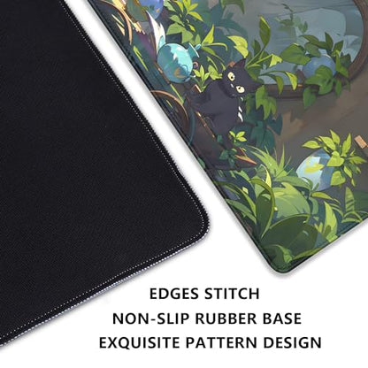 Lofi Cat Mouse Pad Green Plant Desk Pad,Black Cat Extended Gaming Mouse Mat with Stitched Edges Non-Slip Waterproof Rubber Base Mous Mat for Office,Computer,Keyboard,Laptop,Home Desk Pad(27.5X11.8 in) - color: Two Black Cat