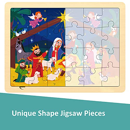 Nativity Scene Kids 24 Piece Puzzle for 3 Year Old | Unique Shape Jigsaw Pieces, Christmas Wooden Jigsaw Puzzles for Kids Ages 3-5, Preschooler Puzzle with Tray