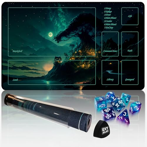 MTG Playmat with Storage Tube & 7-Dice Set - Waterproof TCG Playmat with Stitched Edges, Non-Slip Rubber Card Game Mat (24"x14") (playmat with Zones, Greenery) - color: Greenery, style: playmat with zones