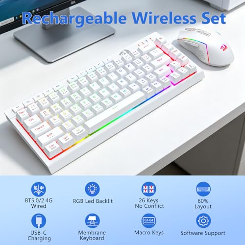 Redragon Wireless Gaming Keyboard and Mouse Combo, 60% Portable, White | Bluetooth/2.4G/USB-C Wired, RGB Backlit, Quiet Rechargeable Macro Membrane Keyboard & 12800 DPI Mouse for Win/MAC - color: White Combo