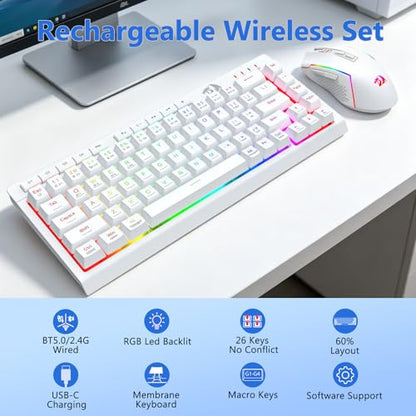 Redragon Wireless Gaming Keyboard and Mouse Combo, 60% Portable, White | Bluetooth/2.4G/USB-C Wired, RGB Backlit, Quiet Rechargeable Macro Membrane Keyboard & 12800 DPI Mouse for Win/MAC - color: White Combo