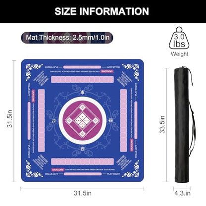 Mahjong Mat 31.5x31.5 Inch,Non-Slip and Silent Travel Mahjong Set for Mahjong, Equipped with a Portable Carrying Bag, Rubber Mahjong Mat for Poker, Cards and Board Games (Blue) - color: Blue
