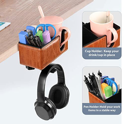 Under Desk Cup Holder Clamp on Cup Holder PU Leather Clip on Desk Organizer | Desk organizer with pencil holder clamp on side, under desk hanging organizer, clip on cup holder desk phone stand holder PU - color: Light Brown