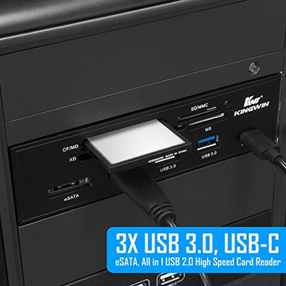 Kingwin Powered USB Hub 3.0 w/ 1 USB-C Port, SD Card Reader & Micro SD Card Reader - Sata Power Port w/Lightning Speed Data Transfer Up to 5Gbps - 5.25" Computer Case Front Bay, black (KW525-3U3CR) - size: 3 Port USB Hub