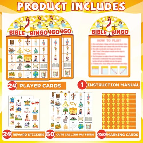 39 Pcs Bible Theme Bingo Game for Adults 24 Players Christian Party Bingo Game Cards with Reward Stickers for Family Friends Large Group Gathering Christian Sunday School Church Open Day Favors - style: Bible