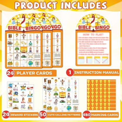 39 Pcs Bible Theme Bingo Game for Adults 24 Players Christian Party Bingo Game Cards with Reward Stickers for Family Friends Large Group Gathering Christian Sunday School Church Open Day Favors - style: Bible