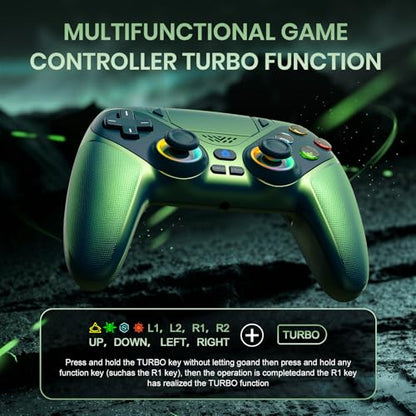Gamrombo LED Wireless Controller for PS5, Dual Vibration, Macro/Turbo Functio Compatible with PS5 Pro/Slim/PC, n, 3.5mm Audio Jack, 6-Axis Motion Control Gamepad with Speaker (Metallic Green - color: Metallic Green