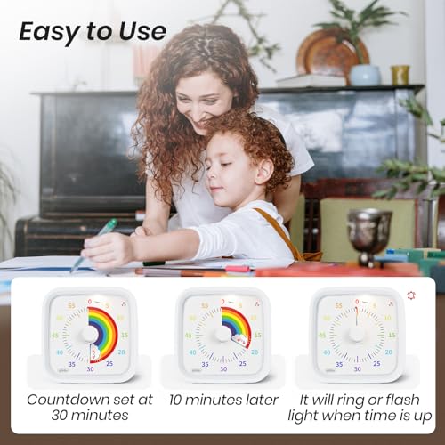 Rainbow Visual Timer for Kids, 60-min Countdown Timer, White | Protective Case, No Ticking, Mute and Ringing Alarm Available, Time Management Tool, Low Power Reminder, for Study,Game,Work - color: White Rainbow