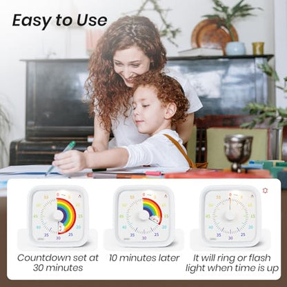 Rainbow Visual Timer for Kids, 60-min Countdown Timer, White | Protective Case, No Ticking, Mute and Ringing Alarm Available, Time Management Tool, Low Power Reminder, for Study,Game,Work - color: White Rainbow