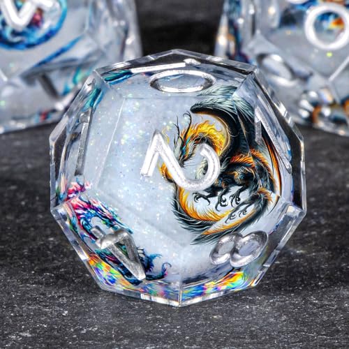 OUKELANWO Liquid Core Dragons Stickers DND Dice Set D&D, 7Pcs Dungeons D and D Role Playing Dice with Gift Box, Resin Sharp Edge Dice D20 D12 D10 D8 D6 D4, White - color: White