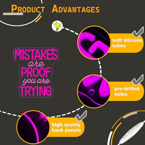 Allball Mistakes Are Proof You Are Trying Neon Sign, Motivational Neon Sign USB Powered LED Dimmable, for Classroom Office Children Room Bedroom Living Room Sign, Graduation Gift(11.8 * 11 In) - color: pink1