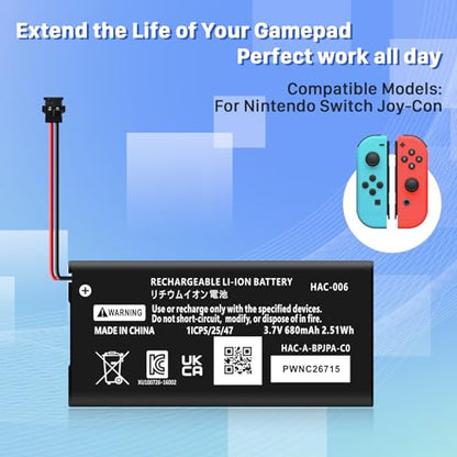 HAC-006 Battery, Upgraded 680mAh Replacement JoyCon Battery for Nintendo Switch HAC-015 HAC-016 Left & Right Joy-Con Controller (2 Pack)