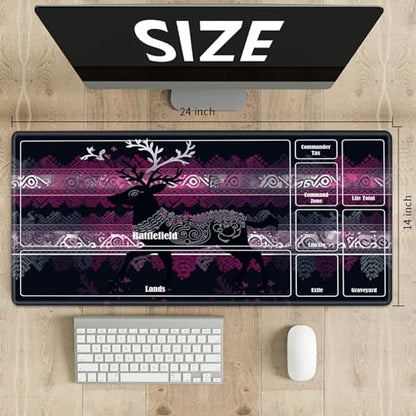 Board Game Mat TCG Playmat Plus 50 Pcs Card Sleeves, 24 x 14 inches Table Mats Games Mousepad with Zones Smooth Surface for MTG RPG CCG Trading Card Game Play Mats, Purple Xmas Deer - color: Purple Xmas Deer, size: Zone 1