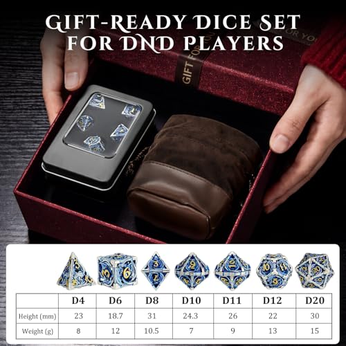 MoKo Dragon Hollow Metal DND Dice Set, Blue+Gold | 7 Pcs Polyhedral, D20 D12 D10 D8 D6 D4, For Dungeons and Dragons RPG Games, With Gift Box - color: 4 - Blue+gold