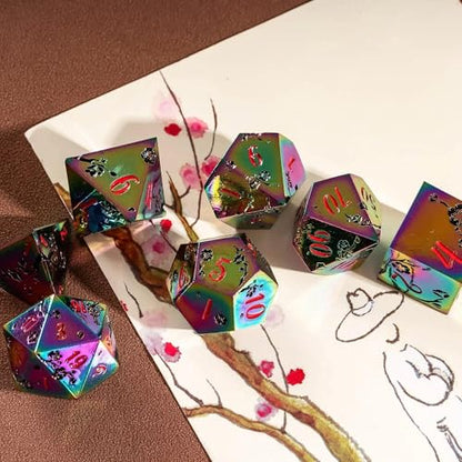 UDIXI Metal Dice Set D&D, 7PCS Flower Metal DND Dice Set Rainbow for RPG | Black Flower, Metal Case Packaging, Heavy Metal Dice, D&D Gift, for Dungeons and Dragons Role Playing Games Tabletop Games - color: Rainbow-red