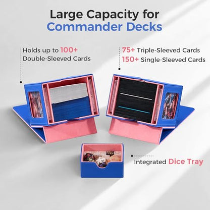 MTG Commander Deck Box with Dual Display Windows and Dice Tray | Fits 100 Double-Sleeved Cards, PU Leather, 2 Magnetic Card Holders, 2 Dividers, Blue & Pink - color: 3. Blue & Coral Pink