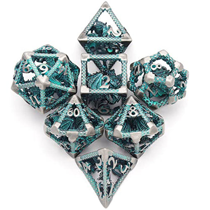 DND Dice Set,3D Hollow Dragon Metal 7-Die,Silver Blue | Solid Copper,Lightweight 68g Dice Set,Easy-to-Read Numbers,Gift Box & Velvet Bag for DND and TTRPG Gaming - color: 3d-sliver Blue
