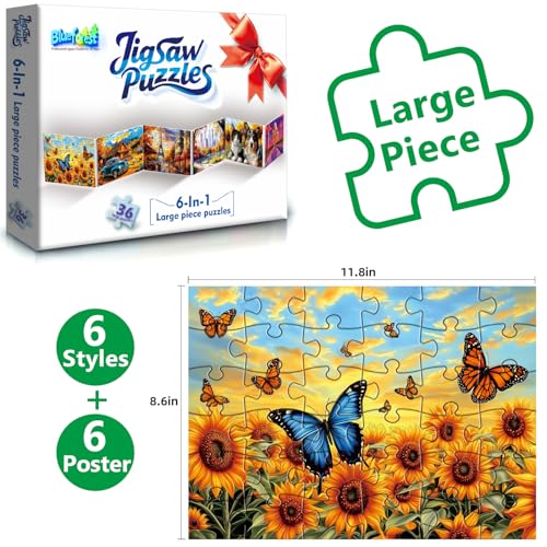Blueforest 6 Pack 36 Large Piece Jigsaw Puzzles for Seniors | Easy Grip, Elderly Adults, Low Vision, Dementia & Alzheimer's, Brain Games, 1:1 Reference Poster, Retirement Gifts - color: 6 Pack 36 Large Piece Golden Years