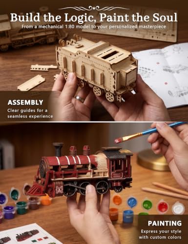 BOOZUU 3D Wooden Steam Train Puzzle for Adults, Build and Paint Wooden Train Model Kit, 282 Pcs DIY Train Craft for Teen Age 14+
