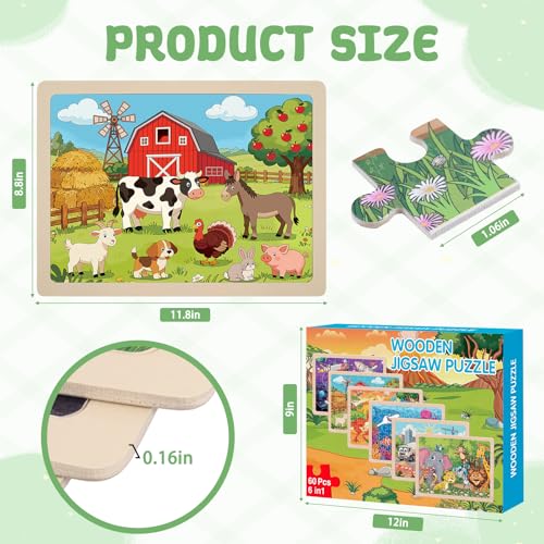6 Pack Wooden Puzzles for Kids Ages 4-8, 60 Piece Jigsaw Puzzle Set | Preschool Educational Brain Teaser Toys, Animals Dinosaur Space & Vehicles, Educational Toys for Boys and Girls