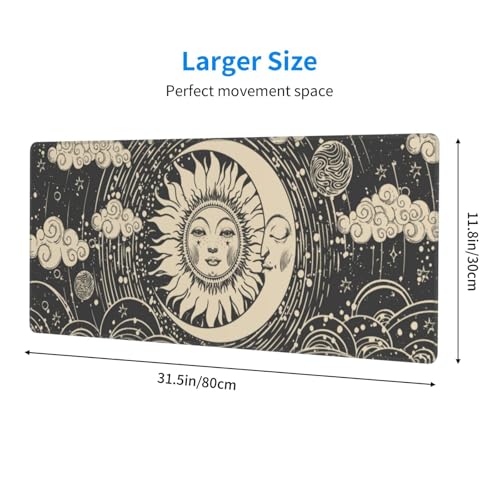 Large Gaming Mouse Pad Desk Mat, Astrology Retro Sun and Moon Extended Keyboard Mouse Pad Mousepad with Non-Slip Base and Stitched Edge Mouse Mat Desk Pad Mouse Pads for Desk Home Office, 31.5 x 11.8 - color: Astrology Retro Sun and Moon