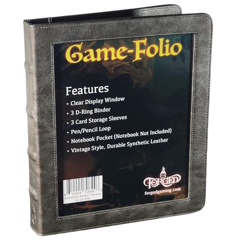 Forged Dice Co. Game-Folio PU Leather Portfolio Binder - Gaming Binder for DND Character Sheets with DND Spell Cards Organizer and Clear Front Pocket - Compatible with Dungeons and Dragons RPG Pewter - color: Pewter