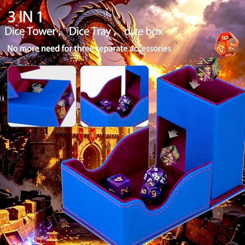 Dice Roller Tower, Premium DND Magnetic Dice Tray, Foldable PU Leather Dice Tower RPG Gifts for Dungeons and Dragons MTG Dm & Player Blue/Red（Fire Dragon） - color: Blue/Red