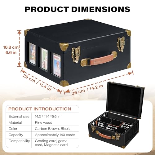 Poyilooo Graded Card Storage Box with Display Window, Wood Card Case for 140+ Cards PSA BGS FGS & SGC, Sports Cards Trading Cards, Graded Card Slab Carrying Cases (Black) - color: Black