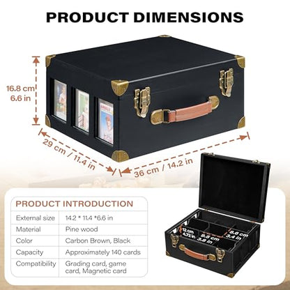 Poyilooo Graded Card Storage Box with Display Window, Wood Card Case for 140+ Cards PSA BGS FGS & SGC, Sports Cards Trading Cards, Graded Card Slab Carrying Cases (Black) - color: Black