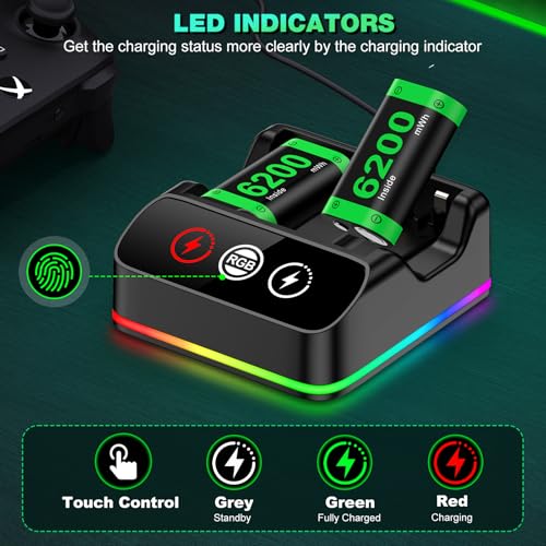 DINOSTRIKE 2X 6200mWh Controller Battery Pack Rechargeable Compatible with Xbox One【RGB Charging Station】【Extended USB C Cable】 Rechargeable Battery for Xbox Series S/X - size: S-2Pack