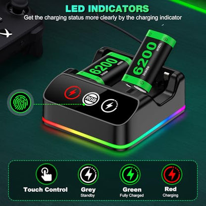 DINOSTRIKE 2X 6200mWh Controller Battery Pack Rechargeable Compatible with Xbox One【RGB Charging Station】【Extended USB C Cable】 Rechargeable Battery for Xbox Series S/X - size: S-2Pack