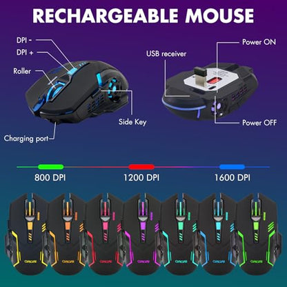Gaming Wireless Keyboard and Mouse RGB Backlit Rechargeable Battery Gamer | Mechanical Feel Anti-ghosting with Side Button for PC Computer Laptop Compatible with Windows Mac Ps4/Ps5 Xbox one