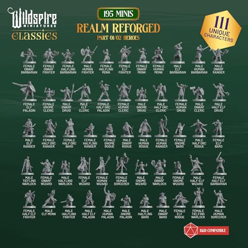 The Realm Set - Grey Version - 195 minis - Heroes, Monsters, NPC for DND Miniatures Bulk I 28mm Dungeon Dragons D&D Miniatures I DND Minis D&D Figures I Pathfinder, Realm Reforged