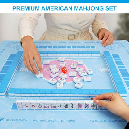 Mahjong Tile Set - 168 Engraved American Mah jongg Tiles Game Sets - Blue Complete Cute Mah Jong, Beautiful Pretty 1.2” Majong Only, 3D Carving Mahjongg with Bag and Dice Accessories (Blue) - color: Blue