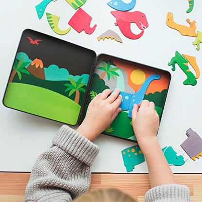 Petit Collage Dinosaur Mix & Match Magnetic Game Board - Ideal for Ages 3+, Includes 2 Scenes and 25+ Magnet Pieces, Perfect Travel Activity - color: Mag Play Set Dinosaur Kingdom