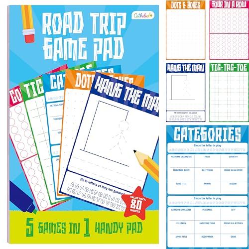 Road Trip Game Pad, 80 Perforated Sheets Travel Activity Pad, 5 Games in 1 Pad, Plane, Car Trip Activity, Pen Pencil & Paper Game for Kids, Adults (6” x 9”) - style: Classic