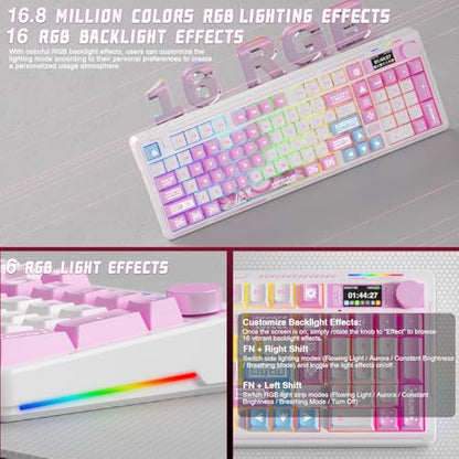 LINGBAO K98 PRO Anime Mechanical Keyboard Wireless, with Screen & Knob,RGB Gaming Keyboard, Tri-Mode BT5.0/2.4GHz/USB-C, Gasket Mount Hot Swappable Linear Switches Gamer Keyboards for PC/Mac/Android - color: K98Pro | 10000mAh | Anime Pink