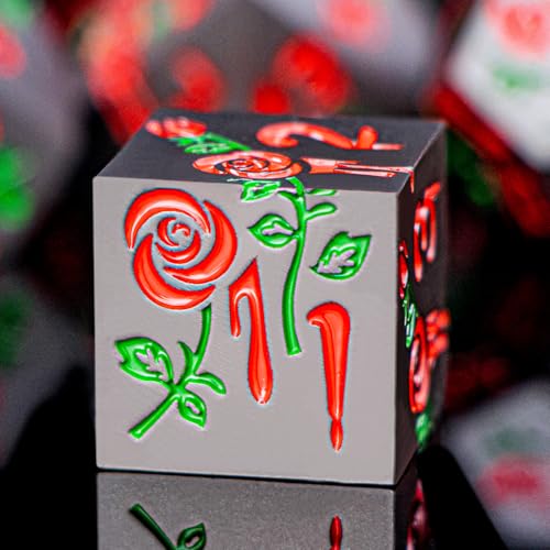 Gothic DND Dice Set Bleeding Rose Metal D and D Dice for use with Dungeons Dragons D&D Role Playing Game, Red RPG Blood Polyhedral Dice Set D20 D12 D10 D8 D6 D4 - color: Red&black&red Numbers