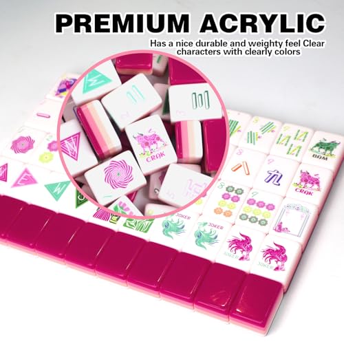 American Mahjong Game Set, Portable Carrying Bag,Acrylic 160 Tiles,Western Mahjong Tiles Set,Complete Ma Jong Set (Rose Red) - color: Rose Red