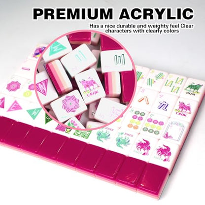 American Mahjong Game Set, Portable Carrying Bag,Acrylic 160 Tiles,Western Mahjong Tiles Set,Complete Ma Jong Set (Rose Red) - color: Rose Red