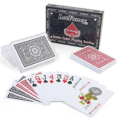 LotFancy Waterproof Playing Cards, Large Print, 100% Plastic, 2 Decks of Cards with Plastic Cases, for Texas Hold'em, Pool Beach Water Card Games, Jumbo Index Poker Size - style: Red Black Back Jumbo Index