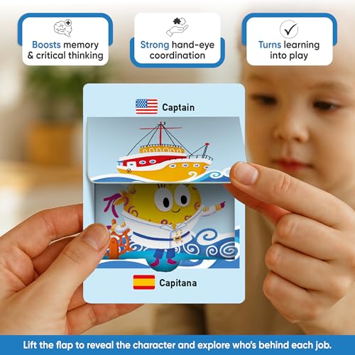 Kidrox Career & Professions Flash Cards, English Learning Cards with Spanish Translations, Interactive Open & Cover, 30 Pack - style: Professions