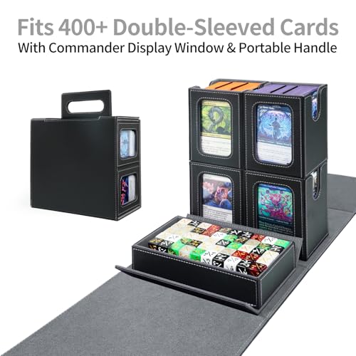 AFIING Commander Deck Box for MTG/EDH, Fits 400+ Double-Sleeved Cards, with Display Window, 4 Removable Deck Cases, Dividers, Dice Tray & Handle, Card Holders for TCG (Black Grey) - color: Black Grey