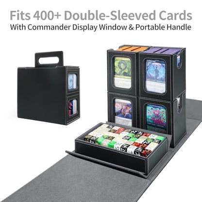 AFIING Commander Deck Box for MTG/EDH, Fits 400+ Double-Sleeved Cards, with Display Window, 4 Removable Deck Cases, Dividers, Dice Tray & Handle, Card Holders for TCG (Black Grey) - color: Black Grey
