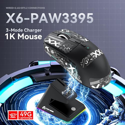 ATTACK SHARK X6 Lightweight Wireless Gaming Mouse with RGB Backlight Charging Base,Tri-Mode Wired/2.4GHz/BT5.2,26K DPI, PAW3395 Optical Sensor,HUANO Switch,5programmable Buttons,PC/Mac(Black+Sticker) - color: Black, size: Mouse with Anti-slip sticker