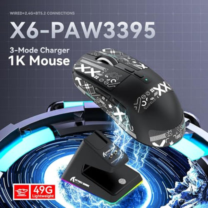 ATTACK SHARK X6 Lightweight Wireless Gaming Mouse with RGB Backlight Charging Base,Tri-Mode Wired/2.4GHz/BT5.2,26K DPI, PAW3395 Optical Sensor,HUANO Switch,5programmable Buttons,PC/Mac(Black+Sticker) - color: Black, size: Mouse with Anti-slip sticker