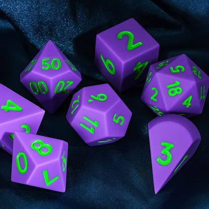 7-Piece Jumbo Silicone DND Dice Set, 25mm Oversized D&D Dice | Round Edges Soft Perfect Bouncer Compatible with Dungeons and Dragons RPG Bar Pub Club Party Games - color: Purple W/Green Numbers